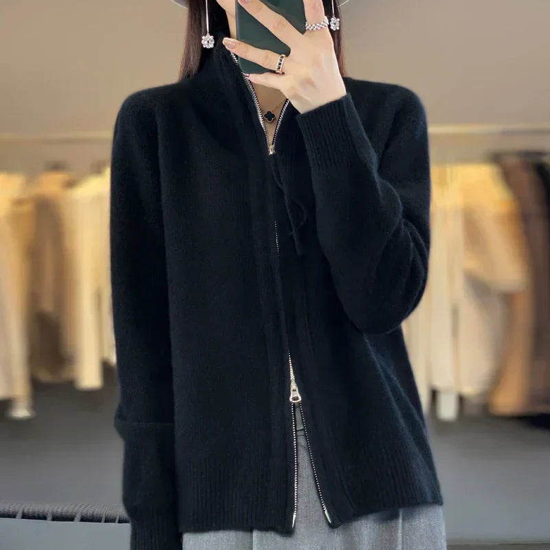 Streetwave Wool Cardigan With Double Zipper And High Collar For Women Soft And Elegant Everyday Wear