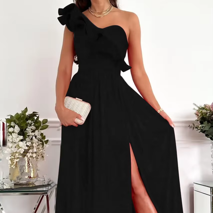 Ruffle Edge One Shoulder Maxi Dress with Side Slit