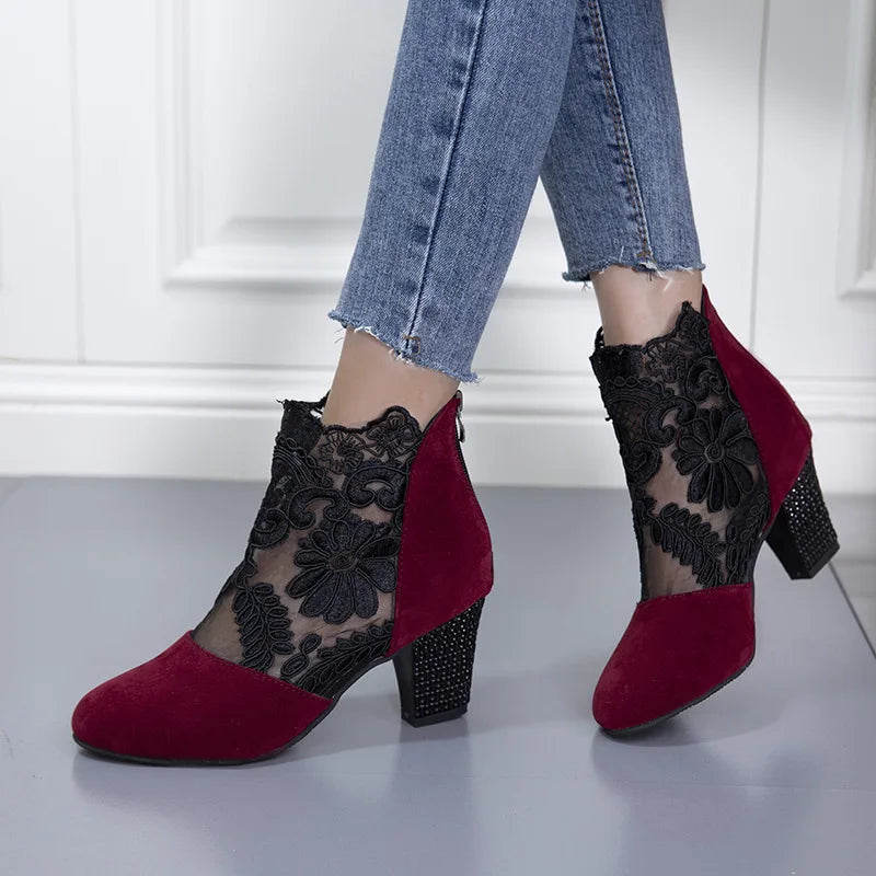 Women's High Heels with Lacy Design and Mesh Accents
