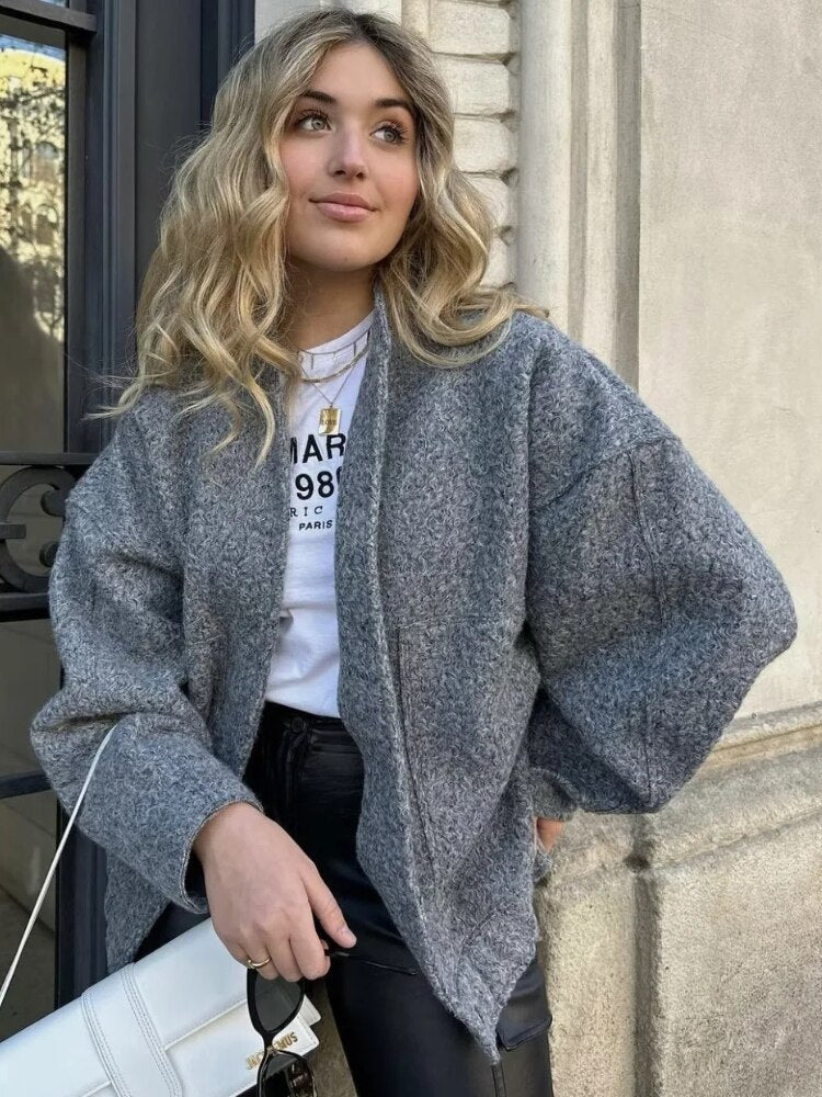 Street-wave Women's Oversized Coat With Hidden Front Buttons And Cozy Pockets For Everyday City Wear
