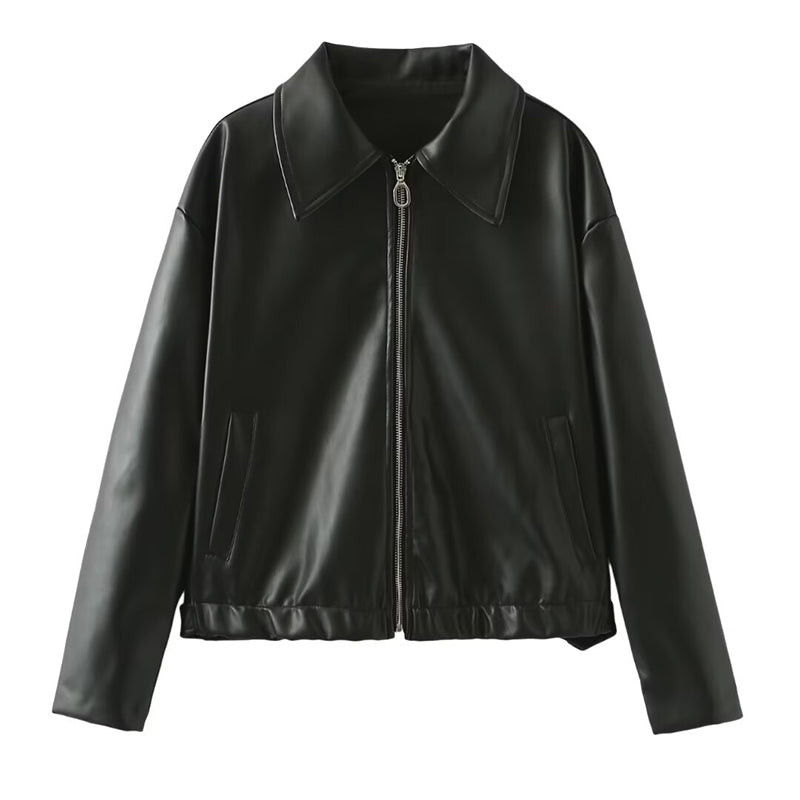 Street-wave Womens Faux Leather Jacket With Zipper Front For Modern Women Chic Everyday Wear