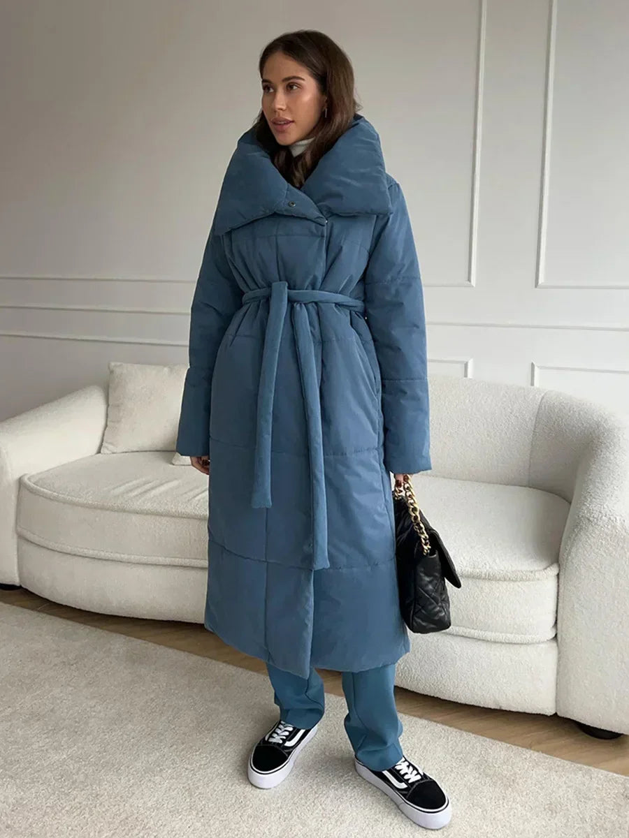 Street Wave Long Puffer Parka For Women With Belt Quilted Winter Coat Tailored Fit