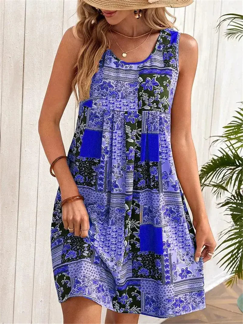 Street-Wave Sleeveless A-Line Dress Women Breezy Patchwork