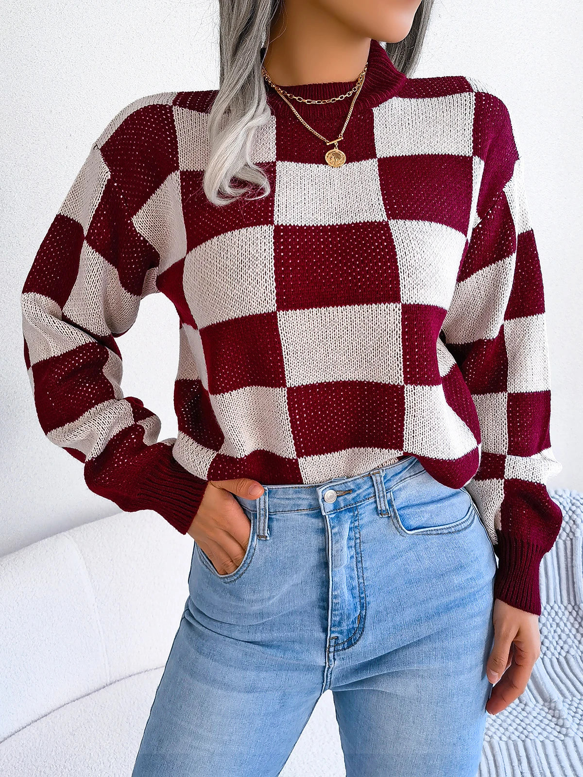 Checkered Knit Sweater Violet Street Wave Unisex Cozy Warmth