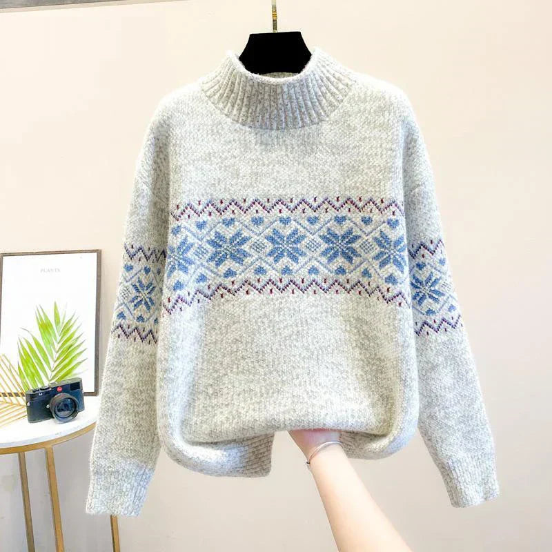 Women's Knit Sweater with Snowflake Pattern and Soft Texture