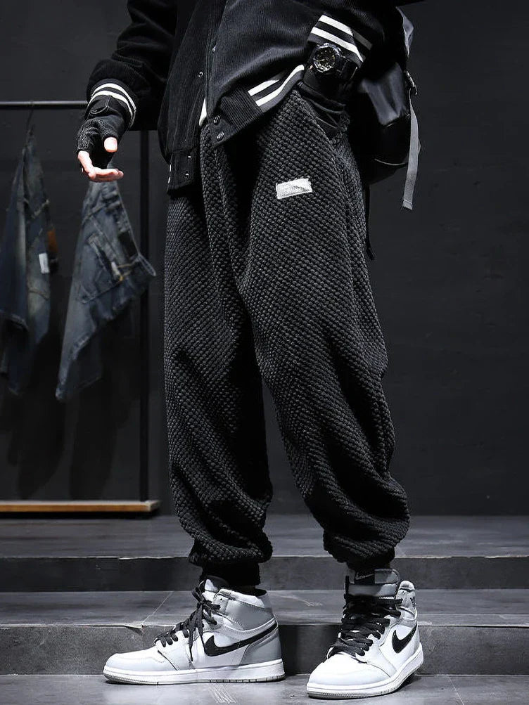 Street-Wave Gridlock Mens Corduroy Joggers With Waffle Texture Relaxed Fit Elastic Waist Ribbed Cuffs