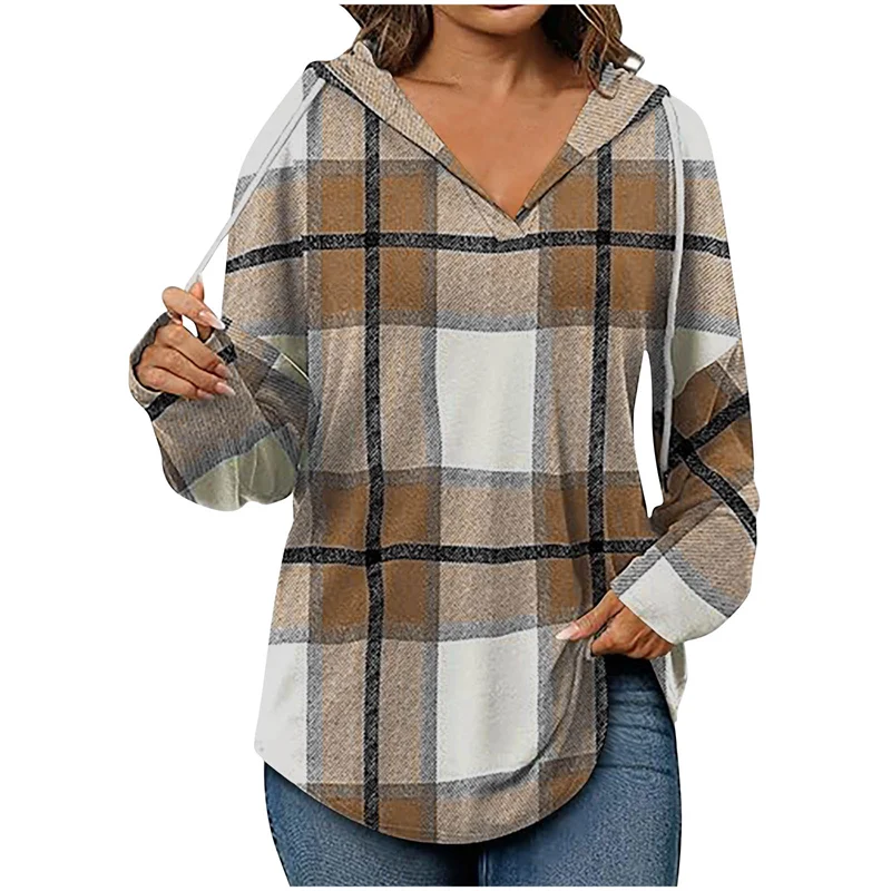 Street Wave Ruby Cozy Oversized Hoodie V Neck Plaid Grid For Women