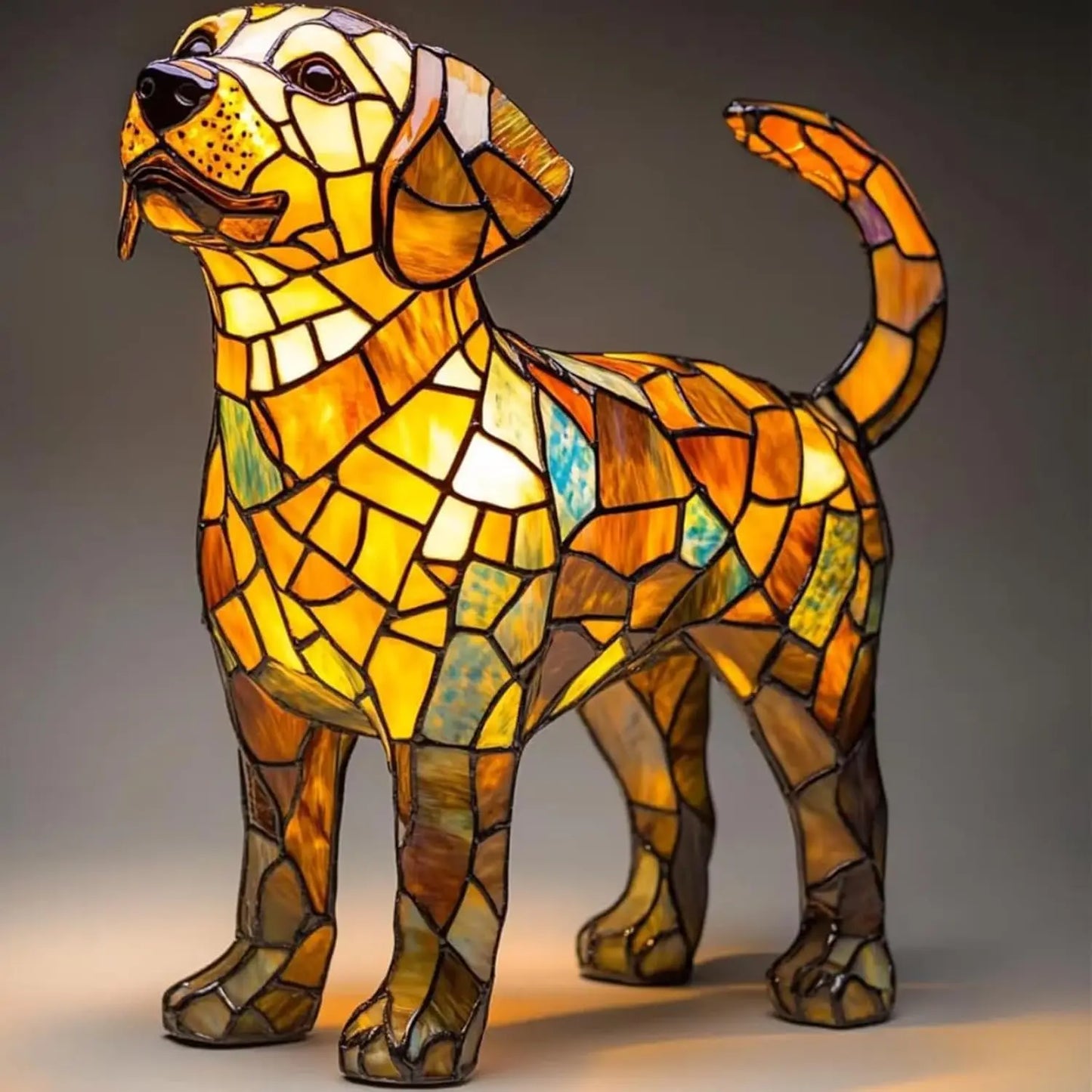 Art Nouveau Stained Glass Cat and Dog Table Lamp