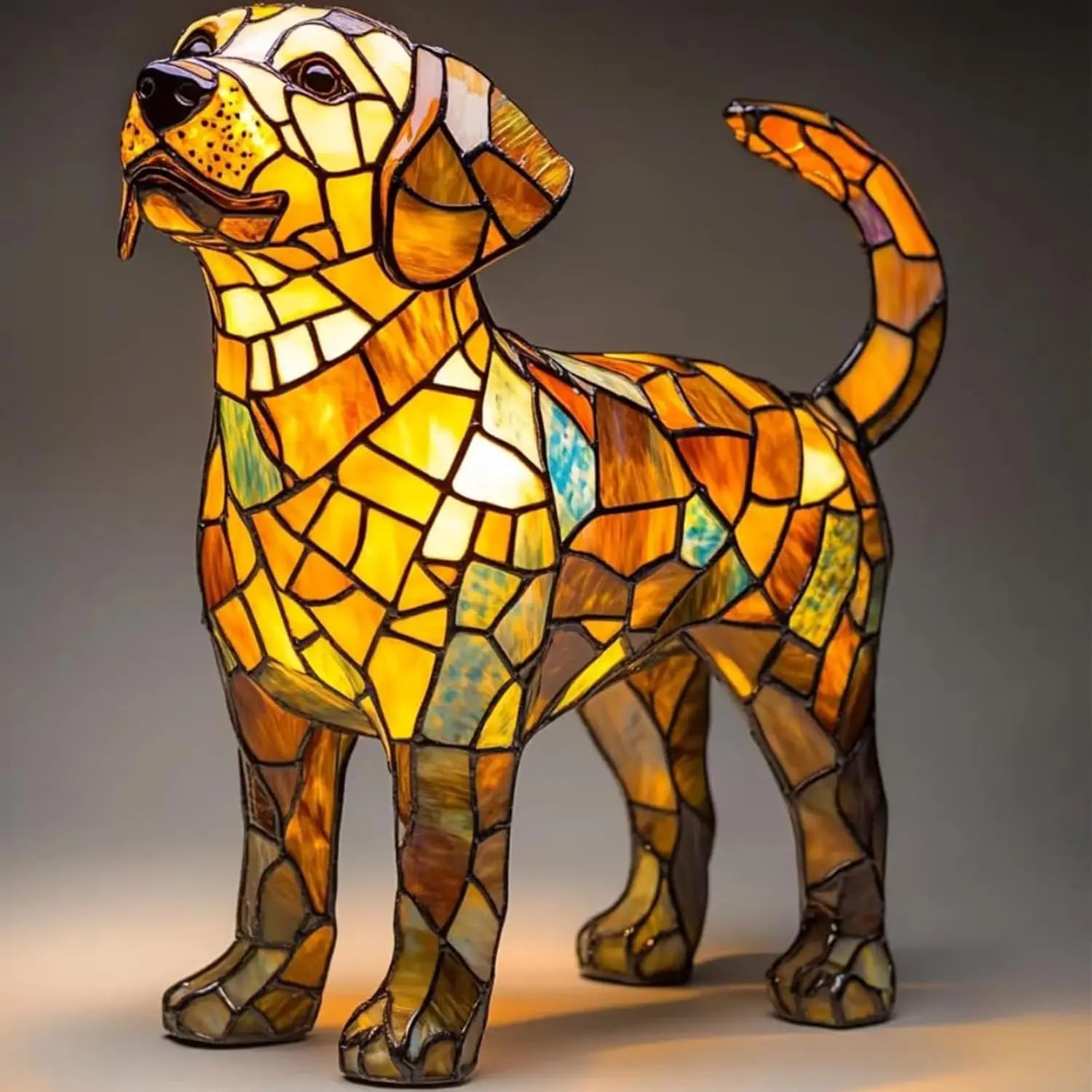 Art Nouveau Stained Glass Cat and Dog Table Lamp