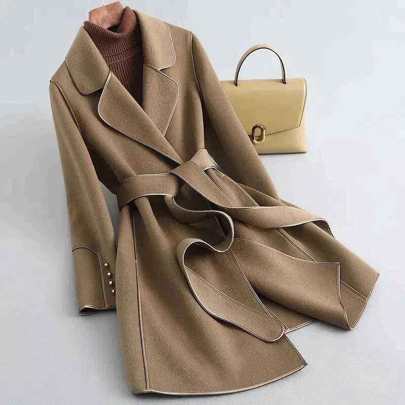 Street-Wave Wool Trench Coat Mid-Length For Women Belted Silhouette Elegant Cozy