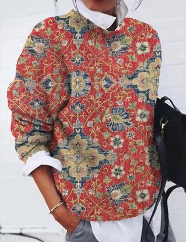 Street Wave Floral Pullover For Women Cotton Knit Sweater With Modern Flower Pattern And Comfort