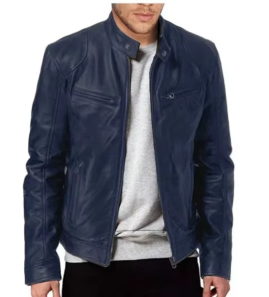 Men's Slim Fit PU Leather Jacket With Stand Collar Wind Resistant Motorcycle Style