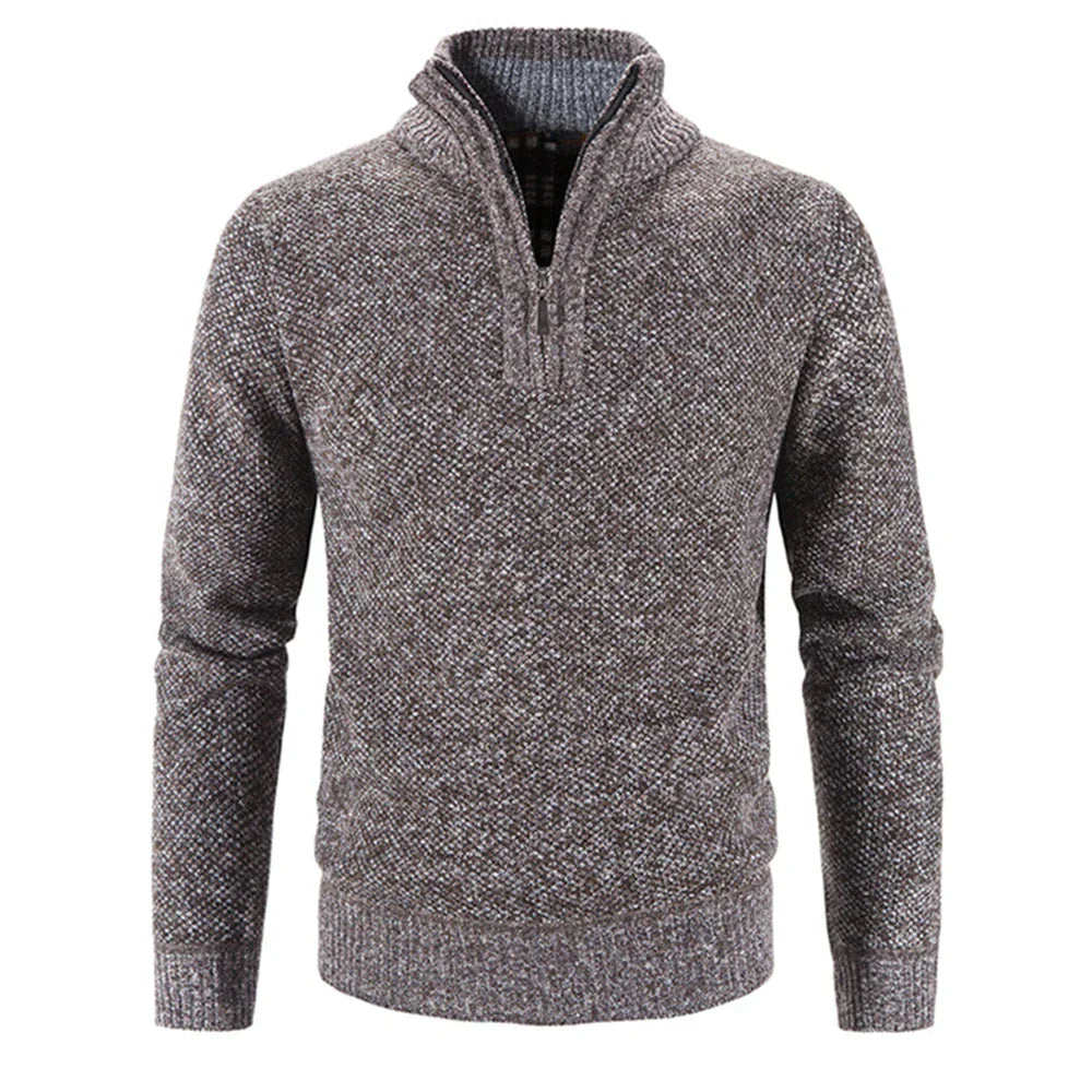 Mens Knit Sweater With Structured Knit Quarter Zip High Collar And Ribbed Edge Detailing