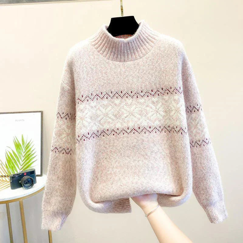 Women's Knit Sweater with Snowflake Pattern and Long Sleeves