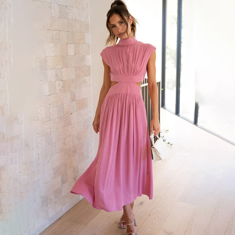 Streetwave Green Pleated Cutout Maxi Dress For Women With Elegant High Neck And Flowing Skirt