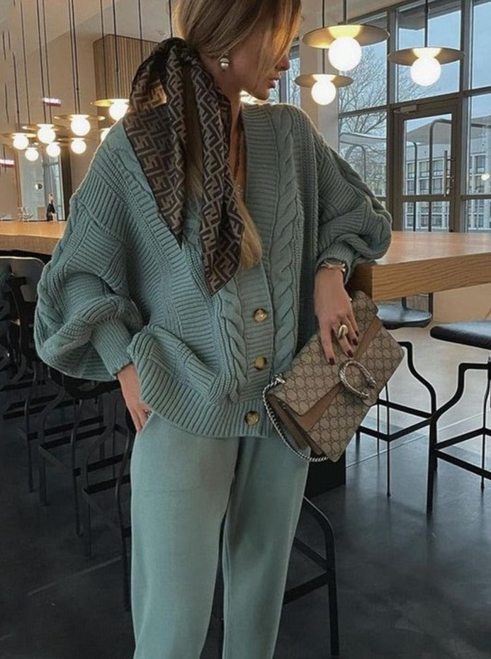 Street-wave Two-Piece Knit Set For Women Cozy Cardigan Vest And Pants Relaxed Fit
