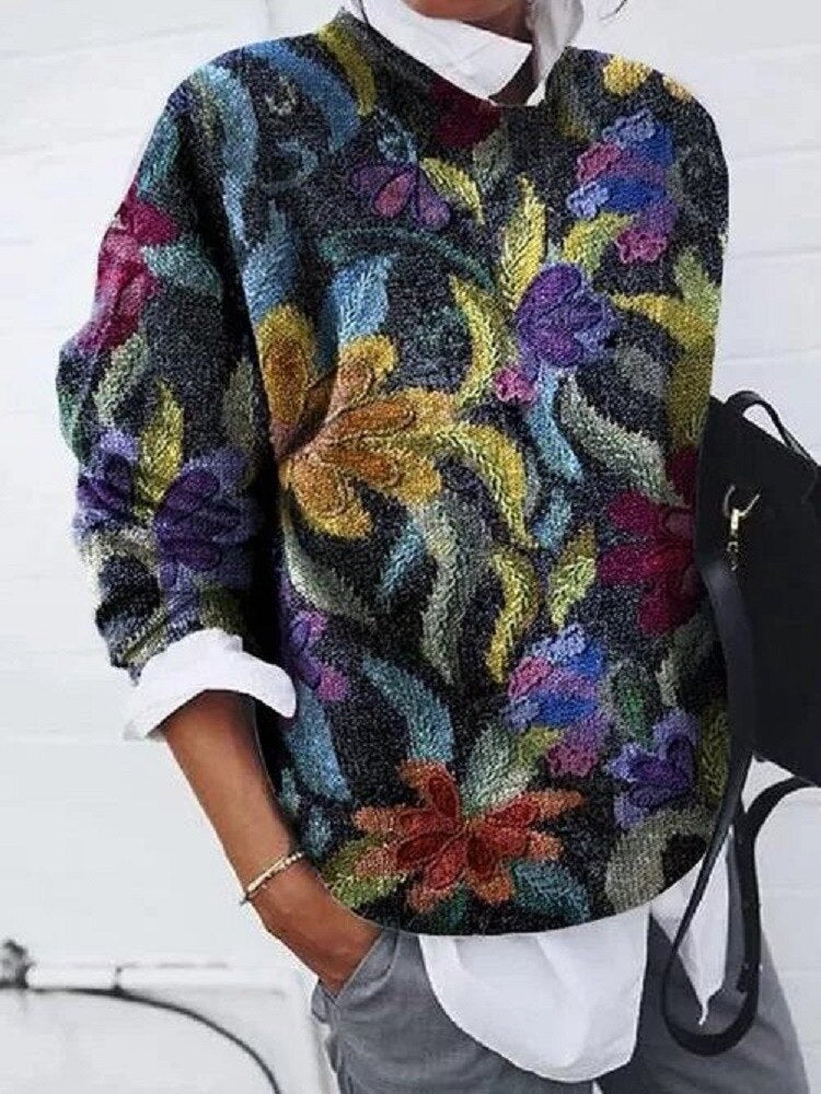 Street Wave Floral Pullover For Women Cotton Knit Sweater With Modern Flower Pattern And Comfort