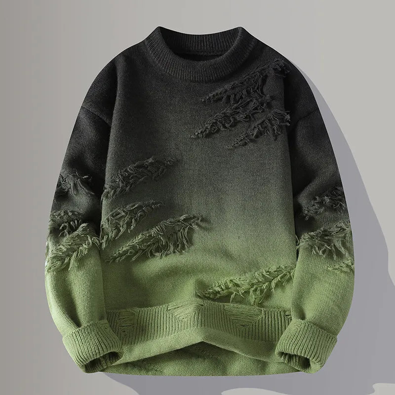 Street-Wave Nuvair Gradient Knit Sweater For Men With Ombre Fade And Distressed Texturing