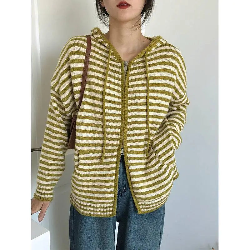 Street-wave Womens Striped Zip Hoodie Cozy 100 Percent Cotton Knit Breathable Everyday Warmth