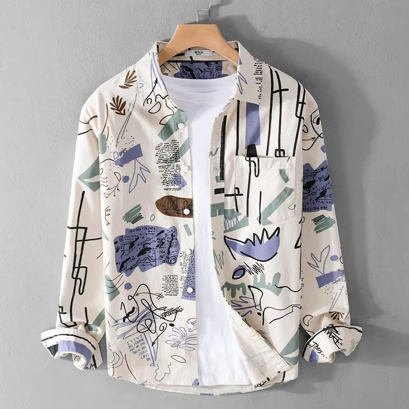 Vintage Graffiti Print Long Sleeve Shirt For Men With Turn Down Collar By Street-Wave