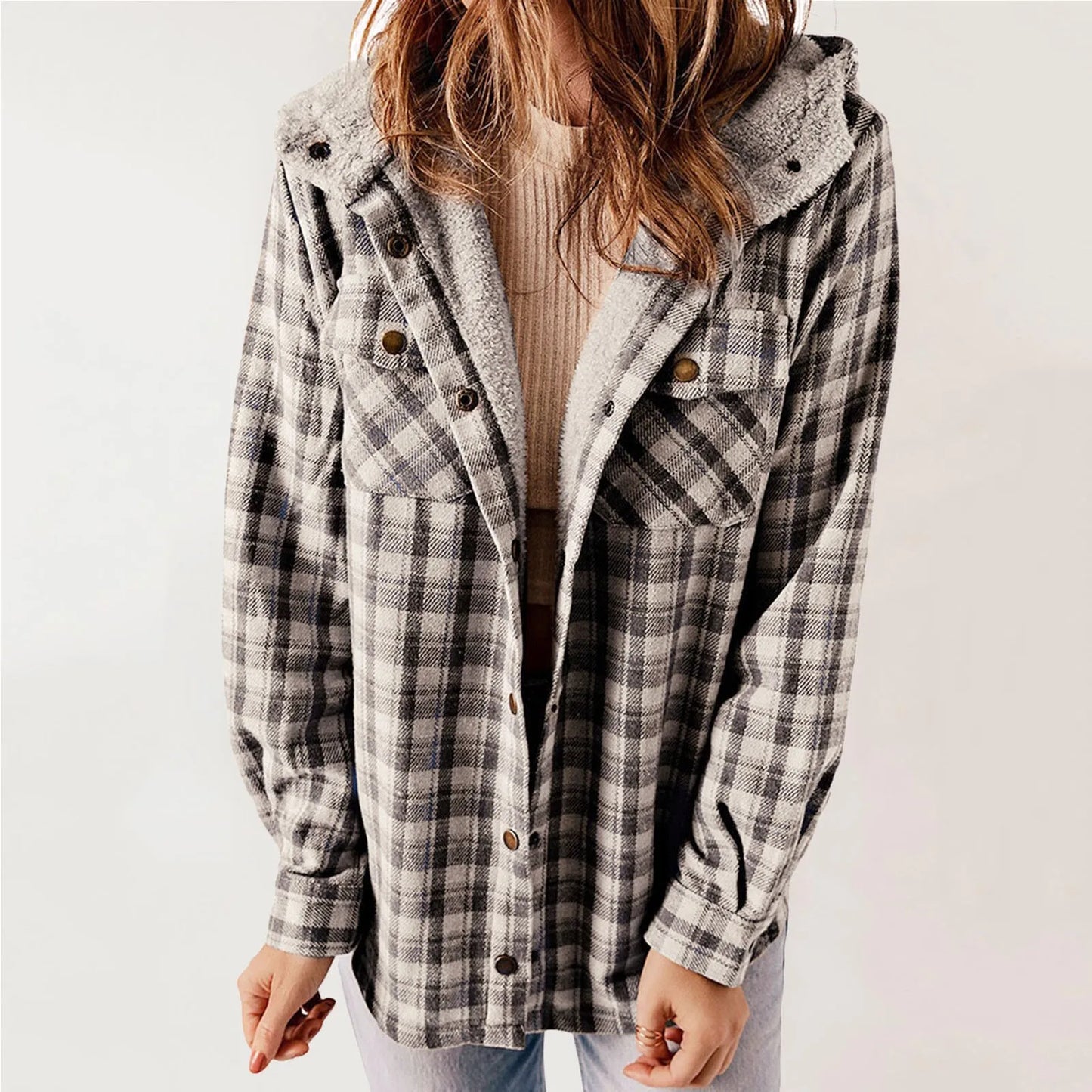 Streetwave Sherpa Shirt Jacket Beige Cozy Warm Flannel With Soft Lining For Women Outdoor Everyday