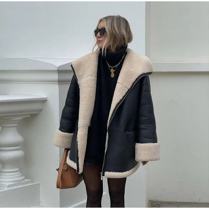 Street-wave Women's Shearling Lined Leather Coat For Bold Elegant Warmth And Luxury