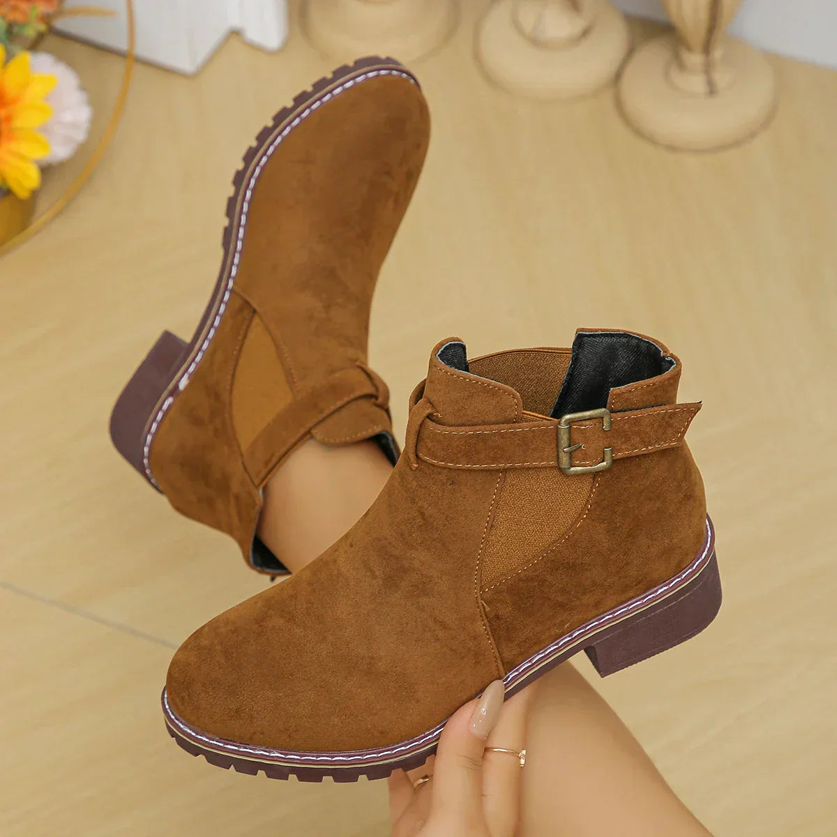Streetwave Black Suede Chunky Mid Heel Ankle Boots With Buckle Strap For Women All Day Comfort