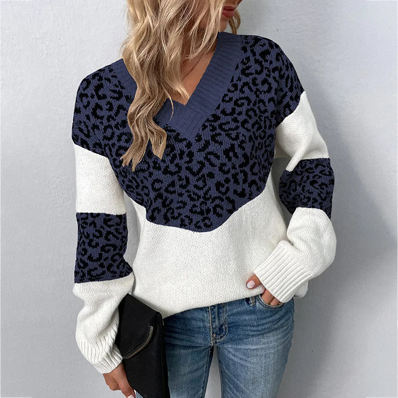 Women's V-neck Sweater with Leopard Print and Soft Knit