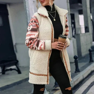 Street-wave Women's Sherpa Zip Hoodie Jacket - Cozy Warmth With Patterned Sleeves