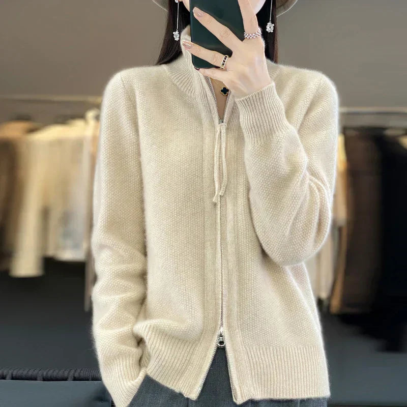 Streetwave Wool Cardigan With Double Zipper And High Collar For Women Soft And Elegant Everyday Wear