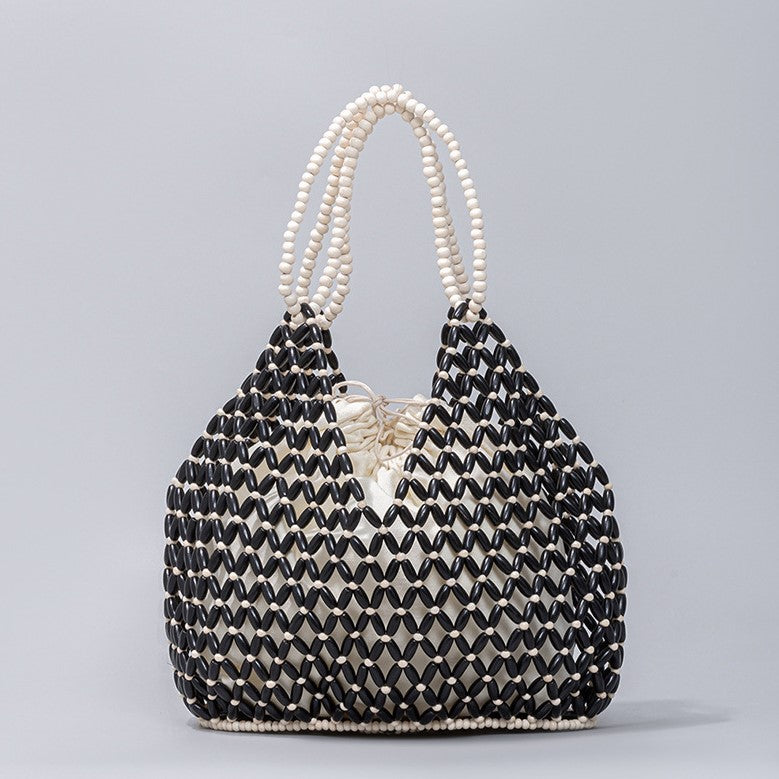 Street-Wave Ava Woven Handbag Handcrafted Natural Wooden Bead Pattern For Summer Style