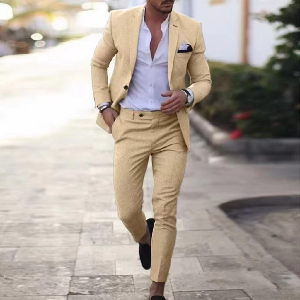 Street-Wave Men's Breathable Linen Two Piece Blazer And Pants Suit Set For Weddings Beach Parties Summer Events