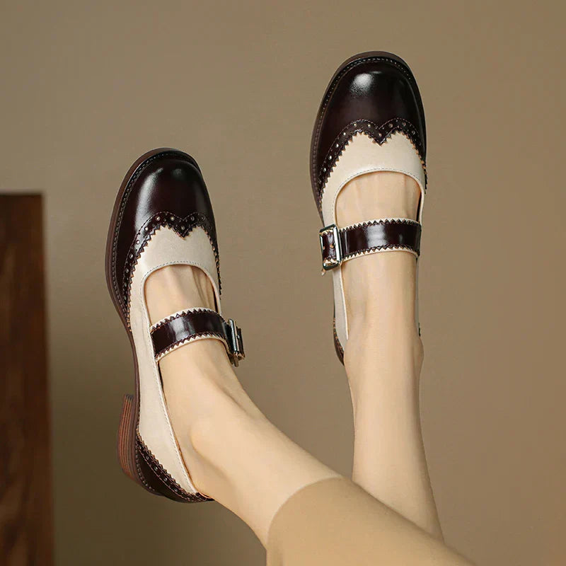 Women's Two-Tone Leather Mary Jane Shoes Brogue T-Strap