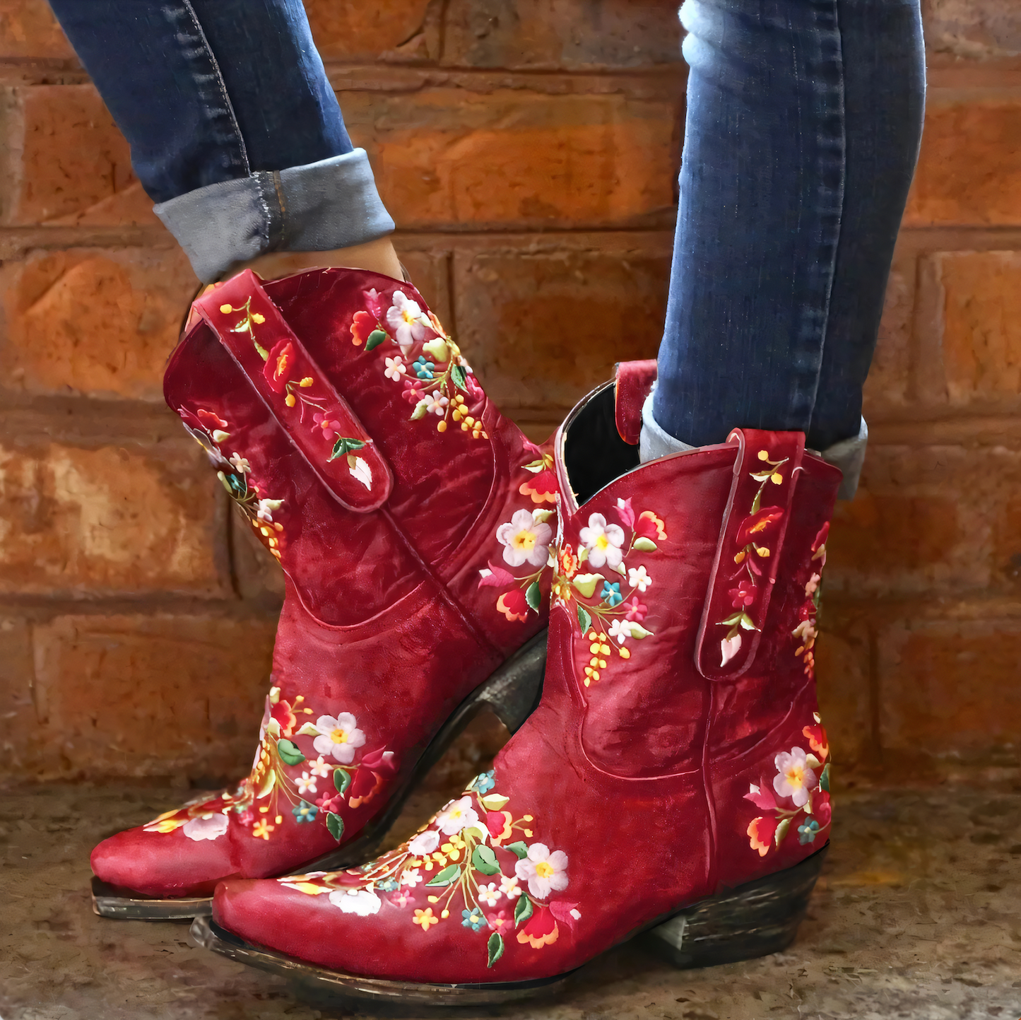 Street-Wave Waterproof Cowgirl Boots With Vintage Floral Embroidery Womens Western Shoes