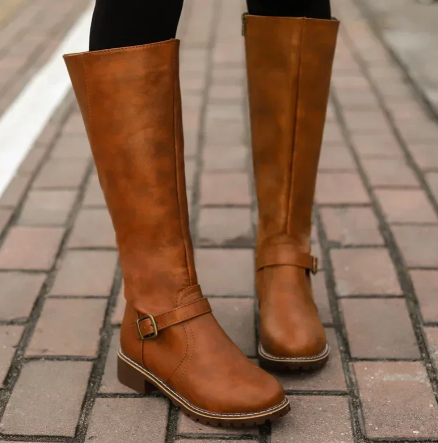 Streetwave Knee High Boots With Side Zipper Buckle Strap For Women Leather Look Low Block Heel