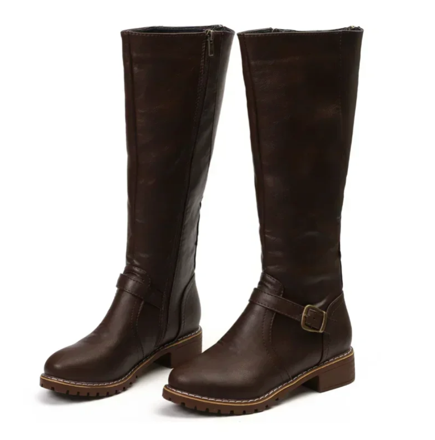 Streetwave Knee High Boots With Side Zipper Buckle Strap For Women Leather Look Low Block Heel