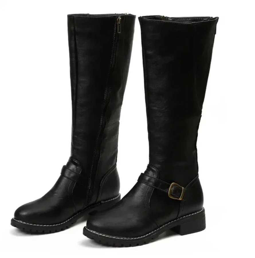 Streetwave Knee High Boots With Side Zipper Buckle Strap For Women Leather Look Low Block Heel