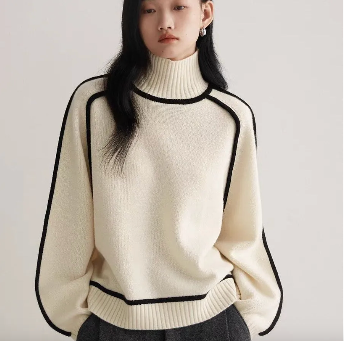 Street Wave Turtleneck Sweater Women Old Money Style With Contrast Piping Soft Knit Relaxed Fit