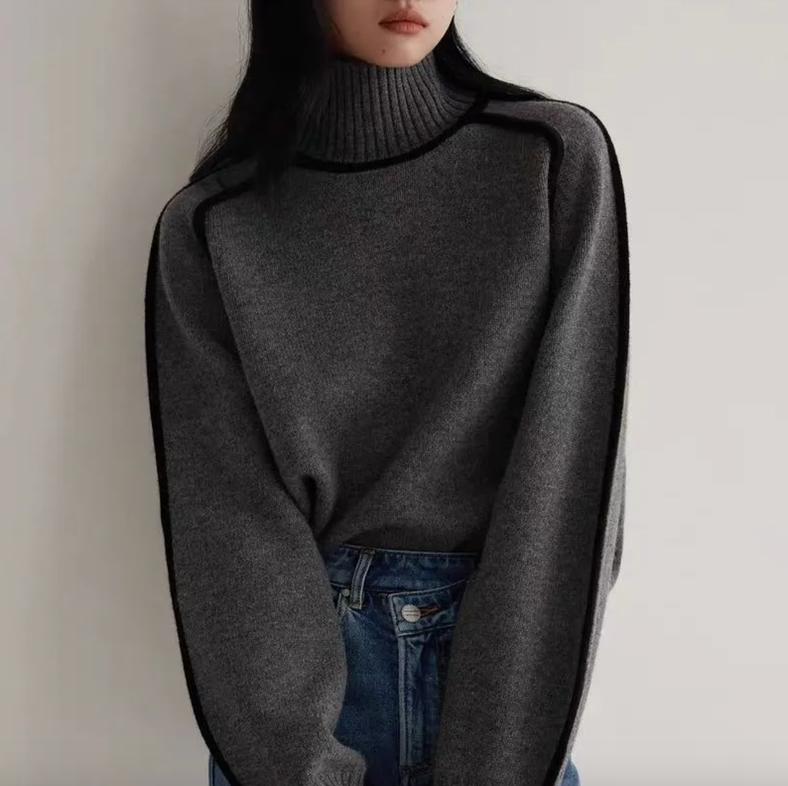 Street Wave Turtleneck Sweater Women Old Money Style With Contrast Piping Soft Knit Relaxed Fit