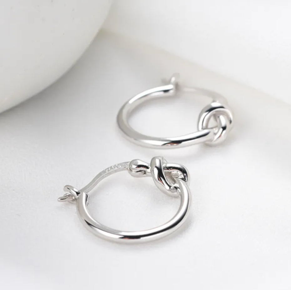 Button Detail Hoop Earrings With Knot Accent In Gold Tone Titanium Steel For Women By Streetwave