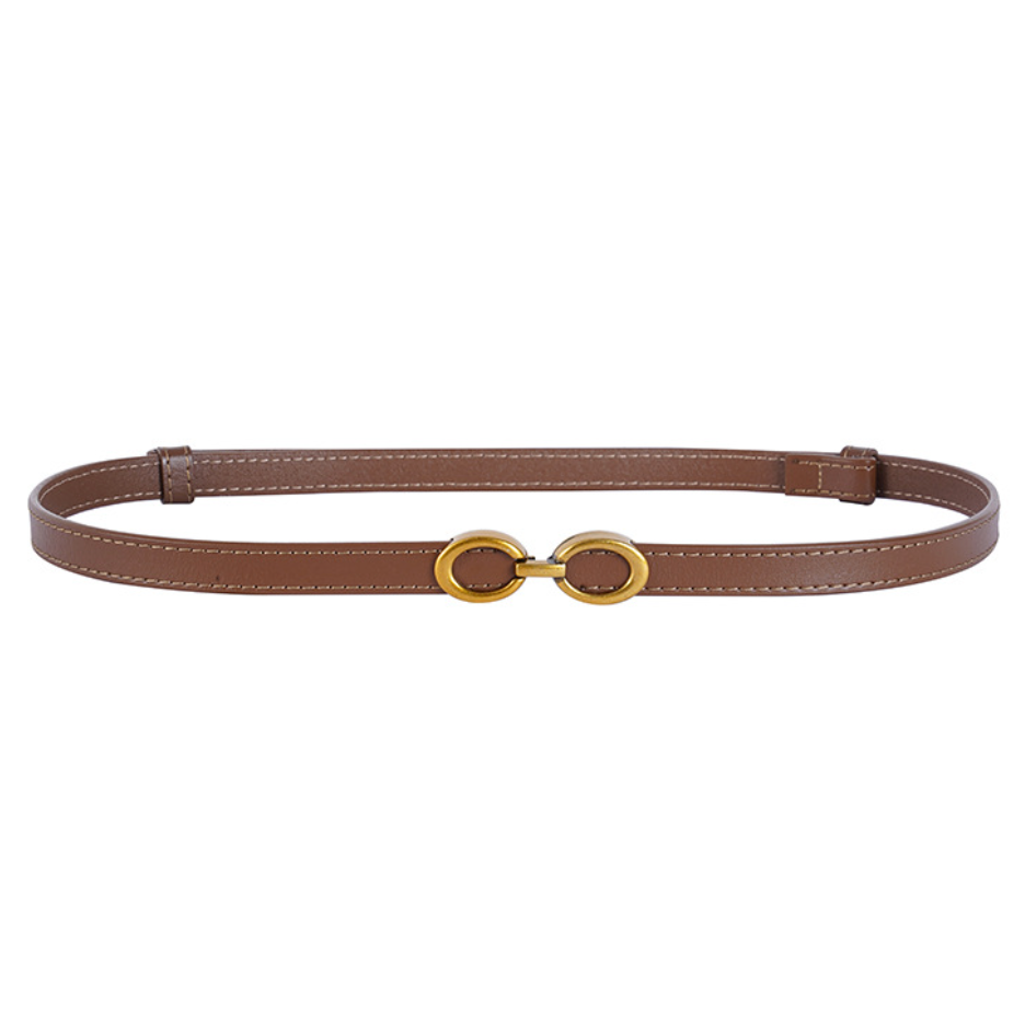 Street Wave Women Old Money Style Leather Belt With Gold Tone Double Ring Buckle Slim Elegant Accessory