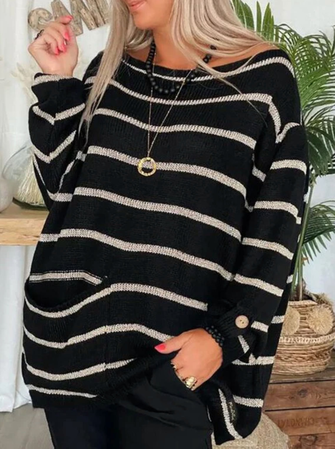 Streetwave Oversized Wool Blend Knit Sweater For Women Cozy Casual Striped Pullover