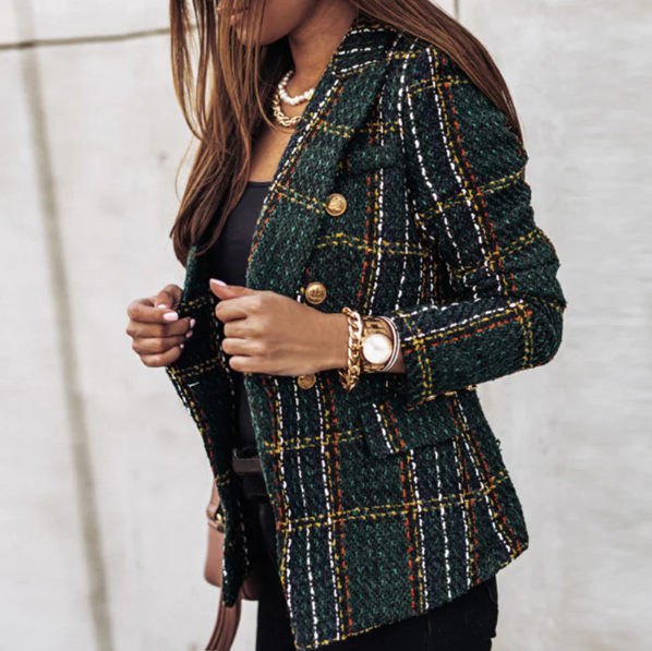 Street-Wave Plaid Blazer With Gold Button Detailing For Women Elegant Retro Chic