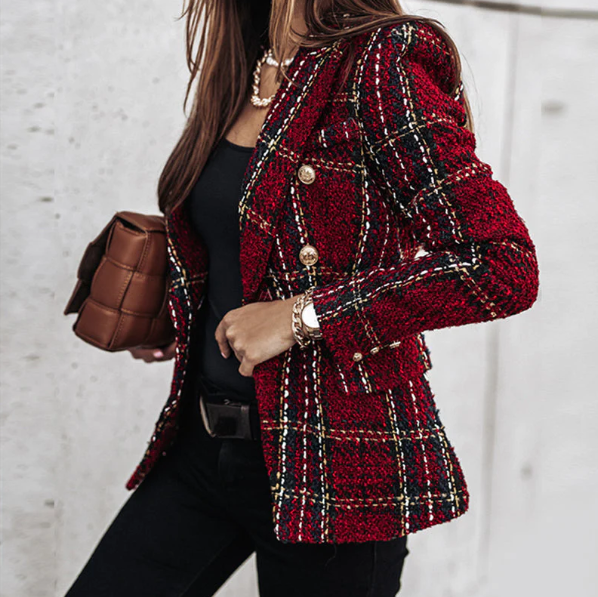 Street-Wave Plaid Blazer With Gold Button Detailing For Women Elegant Retro Chic