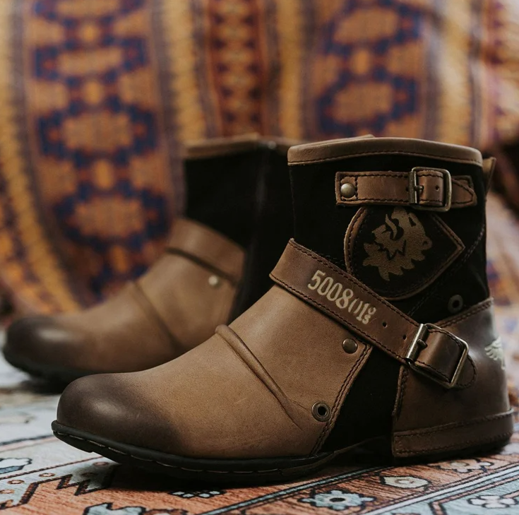 Street Wave Boots Men Leather Ankle Boots With Buckle Straps Durable Retro Style All Day Comfort