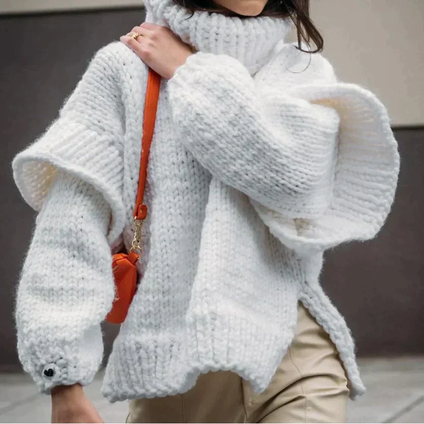 Street-wave Cozy Oversized Gray Chunky Turtleneck Knit Sweater For Women Warm Plush Comfort