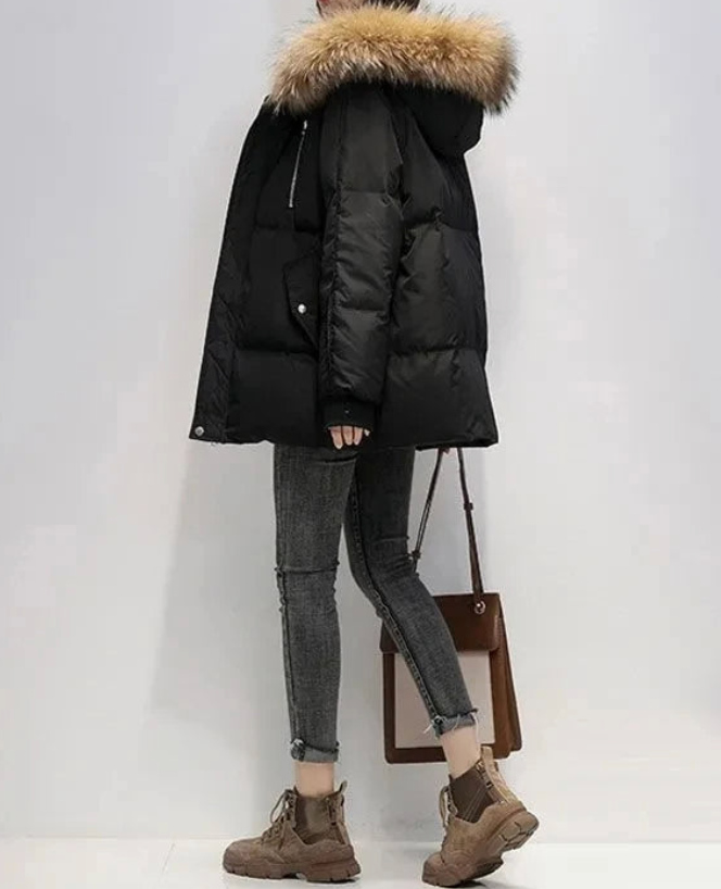 Street-wave Fur Hooded Puffer Coat For Women With Plush Fur Trim Warm Winter Parka