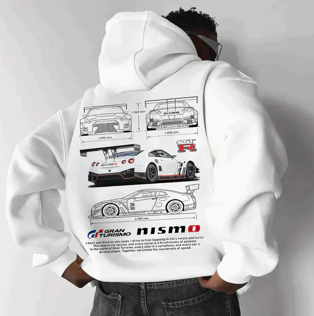 Street-Wave Oversized Racing Hoodie With Car Blueprint Graphic For Car Enthusiasts And Streetwear Fans