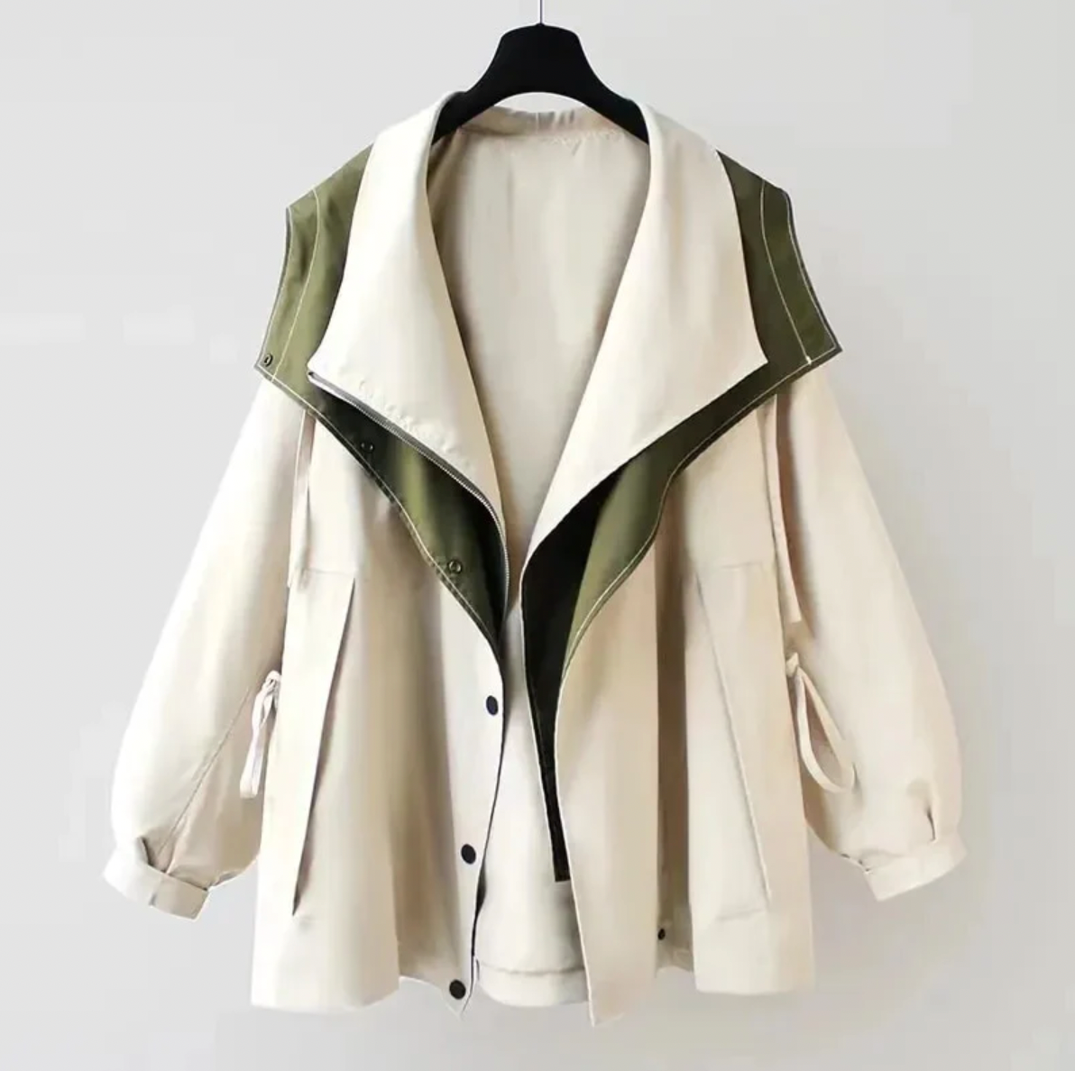 Street Wave Lightweight Olive Green Hooded Jacket With Two Tone Collar For Everyday Wear