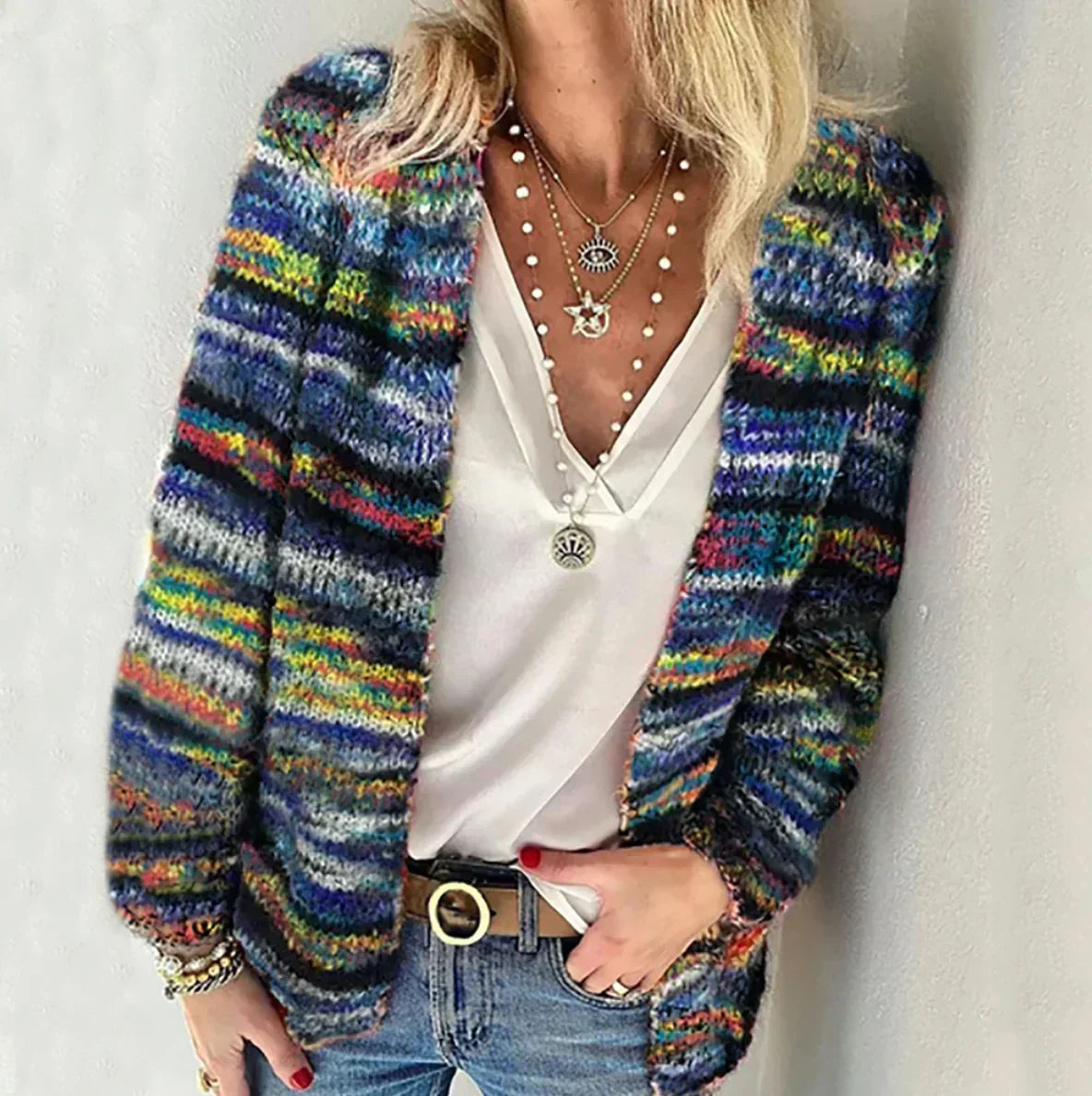 Streetwave Multicolor Knit Cardigan Red For Women Cozy Warmth And Vibrant Color Block Fashion